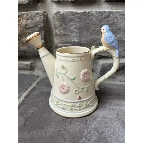 Lenox Petal And Pearls Bluebird Bud Vase Watering Can 5” Porcelain Cottagecore - Picture 2 of 11